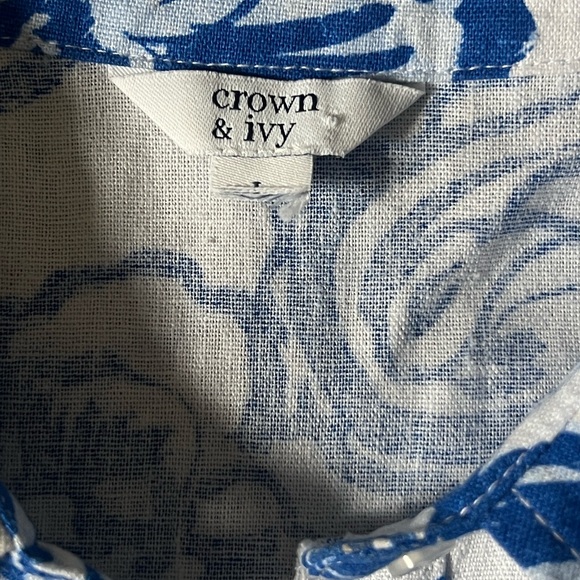 Crown & Ivy, Blue Floral Button Front Puff Sleeve, Shirt Dress,Pockets, Size M/L - Picture 5 of 16